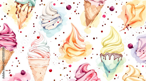 Watercolor pattern ice cream white background
