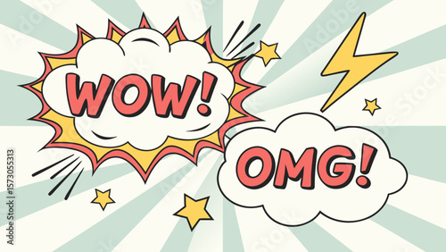 Comic book style illustration with wow and omg text in speech bubbles and a lightning bolt design