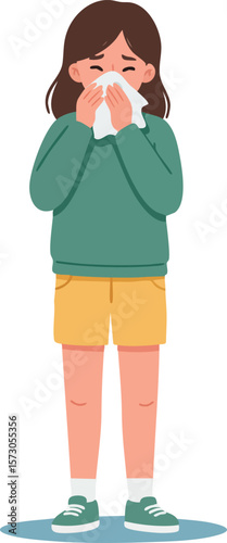 Child with cold blowing nose in green sweater and yellow shorts vector illustration showing sick kid with tissue