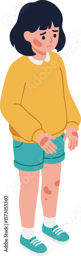 Sad child with scraped knees and bruises wearing yellow sweater and blue shorts vector illustration