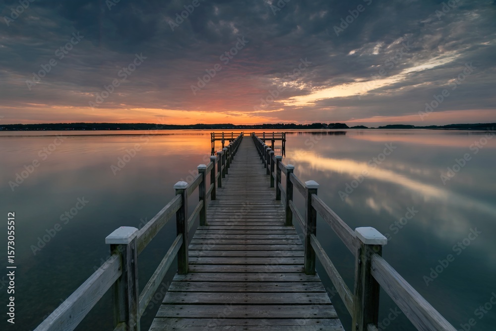 Fototapeta premium Wooden Pier Over Serene Lake Reflecting a Vibrant Sunset and Dramatic Sky