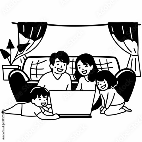 Happy family with kids having fun using laptop together, parent and children relaxing at home