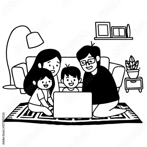 Happy family with kids having fun using laptop together, parent and children relaxing at home