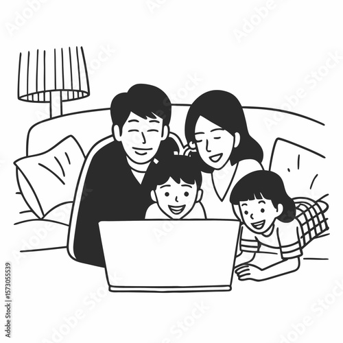 Happy family with kids having fun using laptop together, parent and children relaxing at home