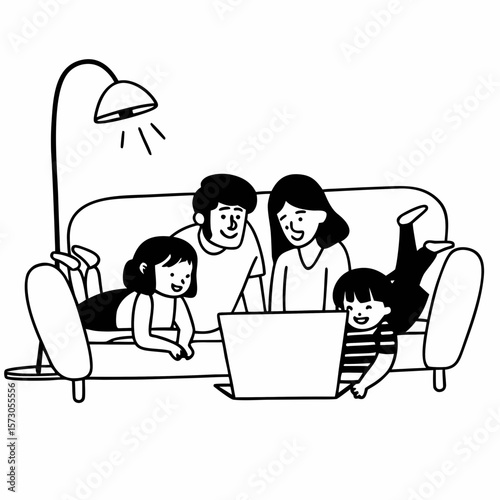 Happy family with kids having fun using laptop together, parent and children relaxing at home