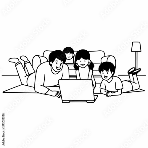 Happy family with kids having fun using laptop together, parent and children relaxing at home