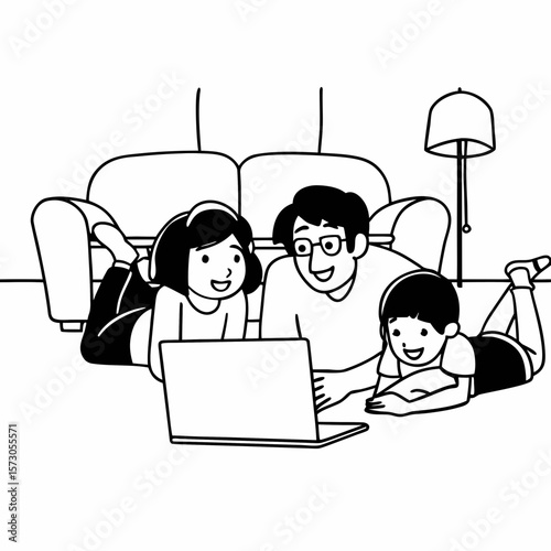Happy family with kids having fun using laptop together, parent and children relaxing at home