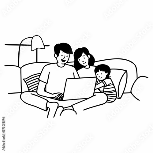 Happy family with kids having fun using laptop together, parent and children relaxing at home
