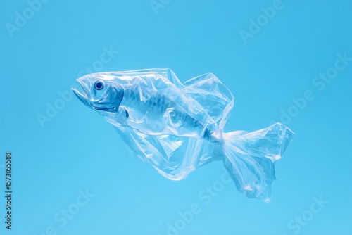 Plastic Fish in Blue Water, Oceanic Waste Representation in Transparent Polythene Form, Environmental Statement with Translucent Shape, Floating Pollution Concept, Ecological Awareness Symbol