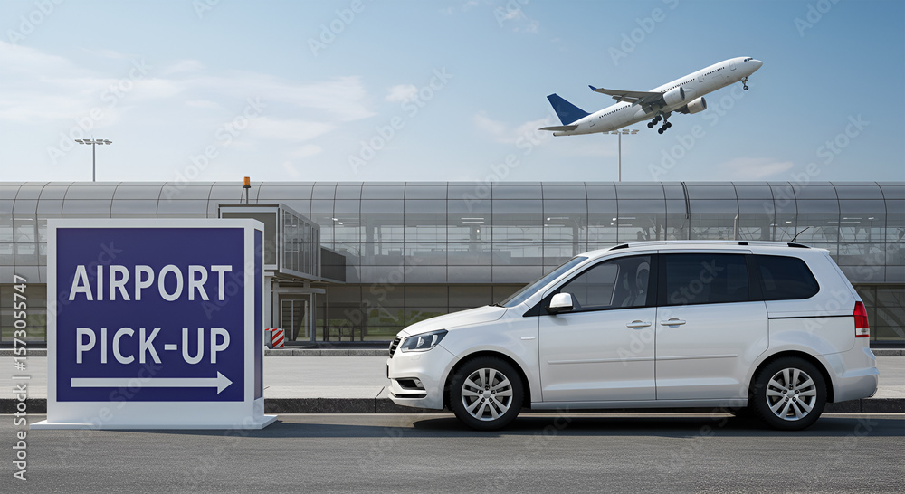 Fototapeta premium A white minivan waits at the airport pickup zone with a plane taking off.