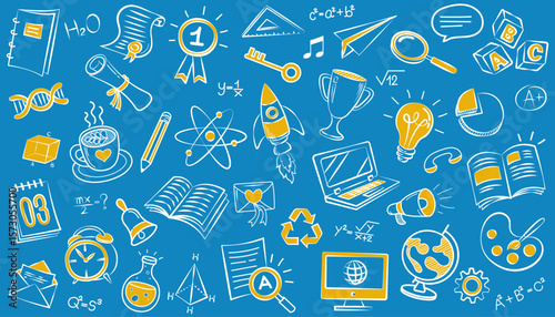 abstract cartoon illustration with a central yellow wavy shape against a blue backdrop, surrounded by subtle educational icons, creating visually interesting and conceptual representation of learning.