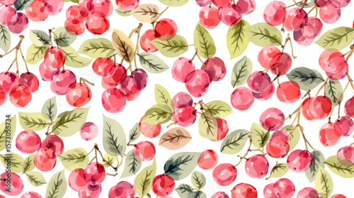 Watercolor red cherries on white background seamless vector pattern	