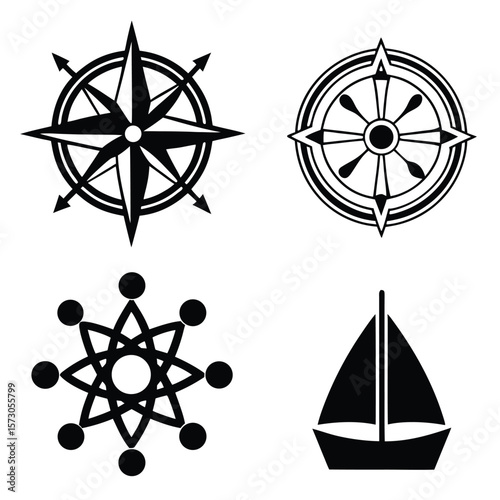 Nautical Symbols Compass Rose Ship Wheel Abstract Design Nautical Boat vector