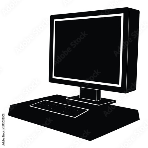 A monochrome computer workstation showcases simple black and white desktop setup over white background