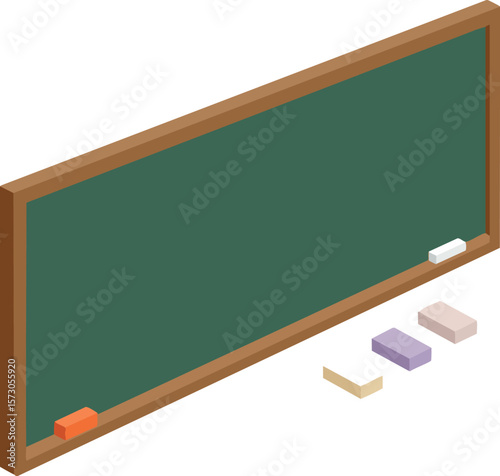Classroom green chalkboard with wooden frame and colorful chalk pieces vector illustration