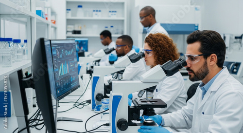 Group of researchers analyzing data and conducting experiments using high-tech devices in a modern laboratory.