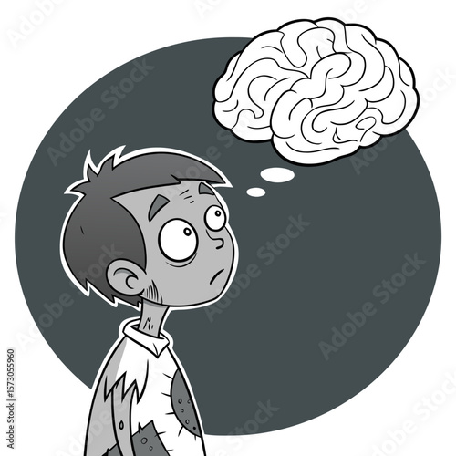 Illustration of a zombie boy thinking with a brain thought bubble on a gray circular background art