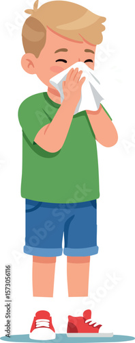 Boy sneezing and blowing nose with tissue in green shirt and blue shorts vector illustration