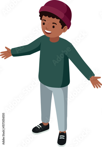 Boy with outstretched arms wearing maroon beanie and casual clothing smiling happily vector illustration