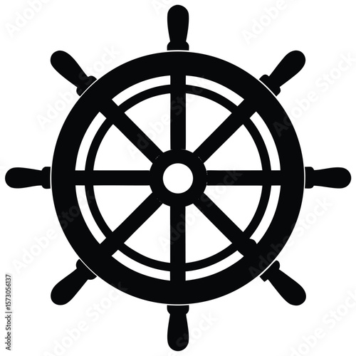 Black ship wheel with classic spoke arrangement on white background looks strong