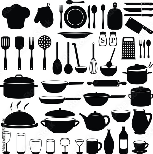 Vector Assorted Kitchenware Silhouettes: Cooking & Dining Graphic.