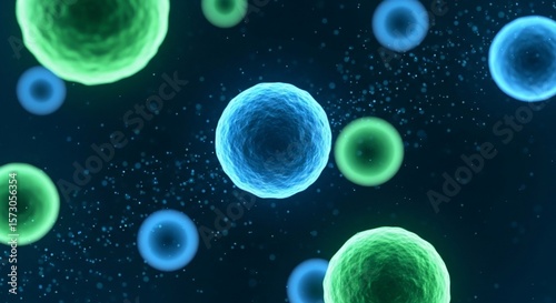 Microscopic View: Blue and Green Cells on Dark Background with Particles