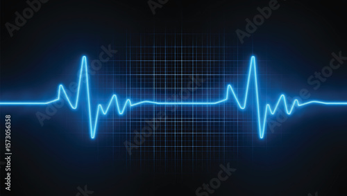 Bright Blue Neon Heartbeat E K G Line Graph on Dark Grid Background Medical Science Technology
