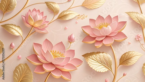 Elegant 3D Renderings of Pink and Gold Floral Arrangements and Patterns