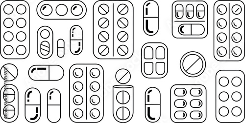 Vector illustration:  Simple line art medication pills and blister packs.