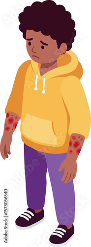 Boy with skin rash on arms wearing yellow hoodie and purple pants vector illustration of child with skin condition