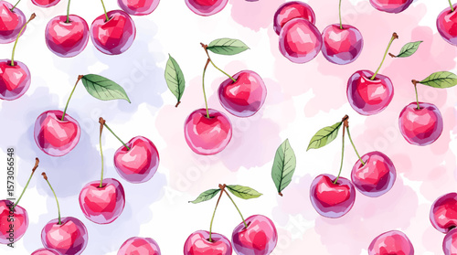 Watercolor red cherries on white background seamless vector pattern	