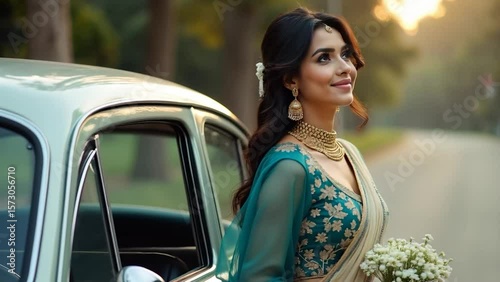 Elegant Indian woman in teal traditional attire holding white bouquet near vintage car during golden hour, graceful bridal style and cultural beauty shoot, Generative ai.