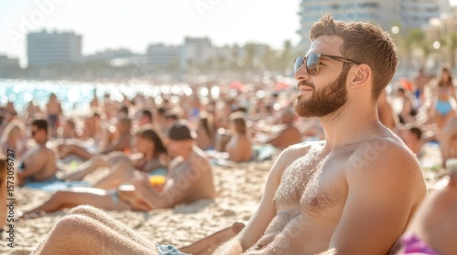 A relaxed young man lounges on a crowded beach under the sun, wearing stylish sunglasses. The atmosphere radiates a laid-back vibe, capturing the essence of summer fun, community, and the joy of sun-