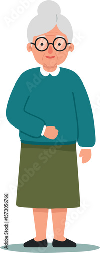 Elderly woman with glasses wearing teal sweater and green skirt standing smiling vector illustration