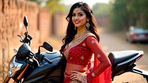 Stylish Indian woman in red lehenga posing confidently beside black motorcycle on rural road, fusion of traditional elegance and modern lifestyle fashion, Generative ai.