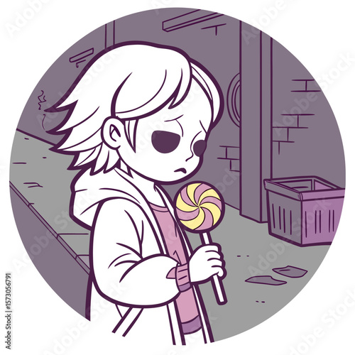 A cartoon depiction of a sad child holding a lollipop in an urban alleyway with a trash container nearby