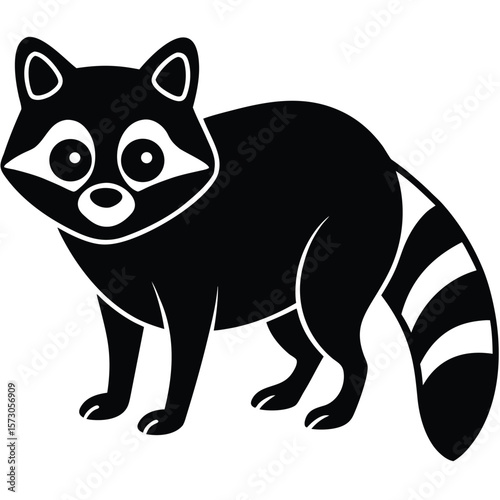 Cute raccoon icon in monochrome silhouette has a striped tail and transparent background
