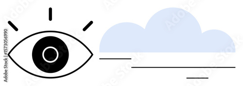 Eye with radiating lines facing a minimal cloud, symbolizing observation, vision, awareness, and clarity. Ideal for knowledge, mindfulness, weather focus creativity exploration prediction. Simple