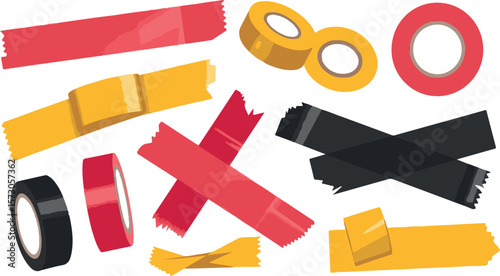 Red yellow black tape rolls and strips adhesive