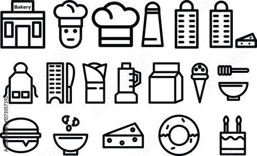 Collection of line icons depicting bakery items such as bread baguettes and wheat stalks isolated on transparent background bakery item Icon Collection Breakfast Bakery Icons Line style icons Eps 10
