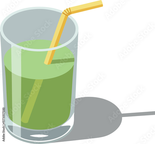 Green juice in clear glass with yellow straw and shadow on white background vector illustration