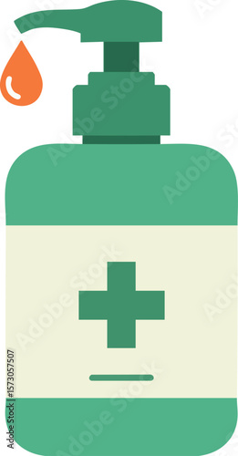Green hand sanitizer bottle with orange droplet and medical cross symbol vector illustration for hygiene and health protection