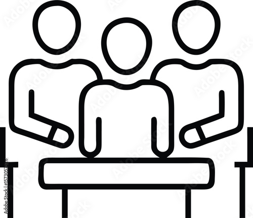 Minimal outline icon representing a group interview panel with diverse individuals
