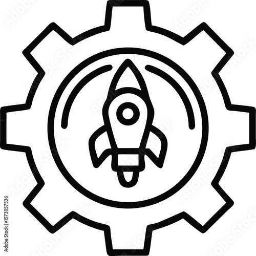 Minimal outline icon combining a gear and the letter r for technology and industry