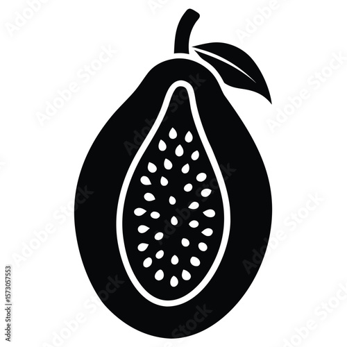Black silhouette showcases a halved papaya with visible seeds and attached leaf, transparent background