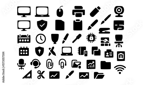 Collection of Black and White Office Icons Computer,  Technology, and Workplace Symbols