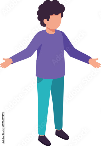 Boy with open arms standing casual pose wearing purple shirt and teal pants vector illustration