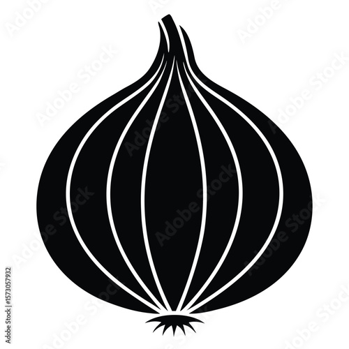 Striking black onion icon shows its curved shape and distinct root details