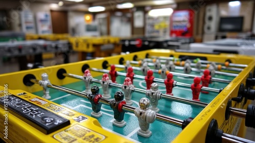 This vibrant foosball table features red and white players, showcasing a fun indoor gaming environment perfect for friends and family. The bright colors and layout invite players to engage in friendl