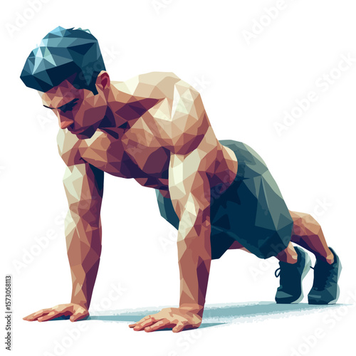 Abstract Push-Up Exercise Illustration – Polygonal Vector Athlete in Mid-Air Pose with Geometric Shirt and Elevated Body